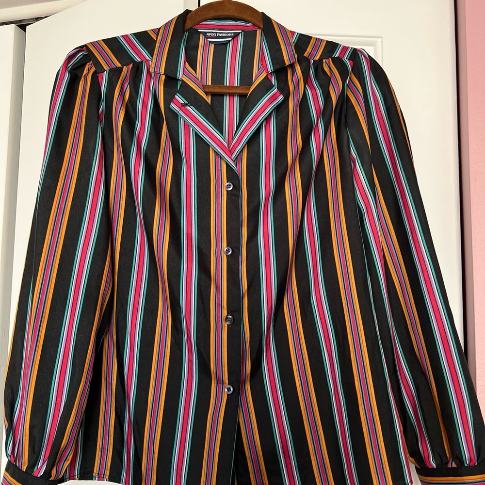 Vintage 90’s “Avon Fashions” strip button up blouse size medium